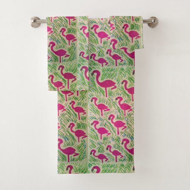 Pink Flamingo Bathroom Towel Set (Insitu)