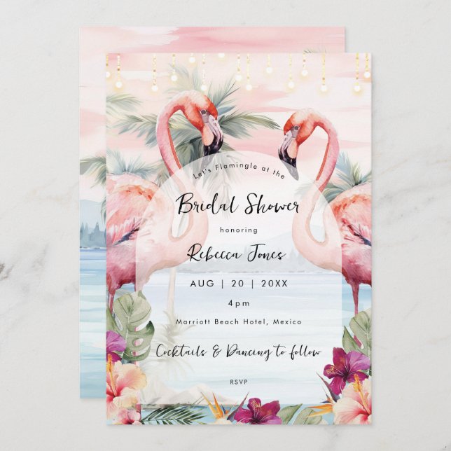 Pink Flamingo beach bridal shower invitation (Front/Back)