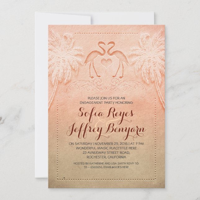 pink flamingo beach engagement party invitations (Front)