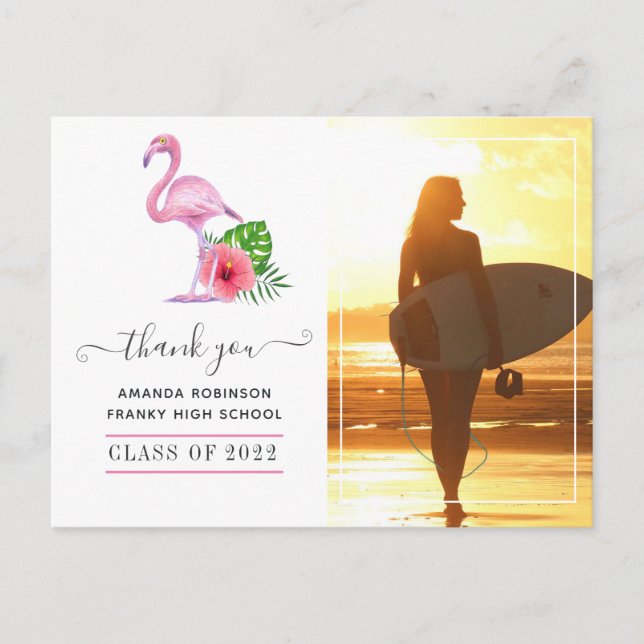 Pink Flamingo Beach Graduation Thank You Postcard (Front)