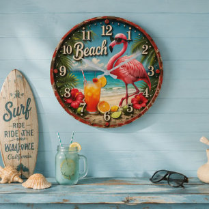 Pink Flamingo Beach Large Clock