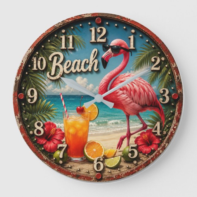 Pink Flamingo Beach Large Clock (Front)