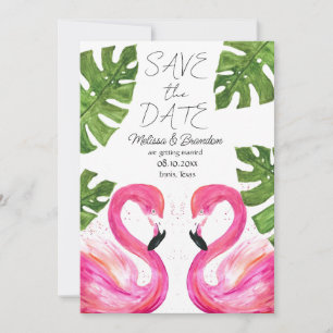 Pink Flamingo Beach Tropical Leaves Wedding Invitation