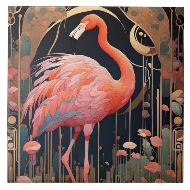 Pink Flamingo Bird Art Deco Art Nouveau Ceramic Tile (Front)
