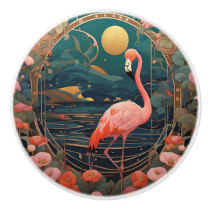 Pink Flamingo Bird Art Nouveau Art Deco Ceramic Knob