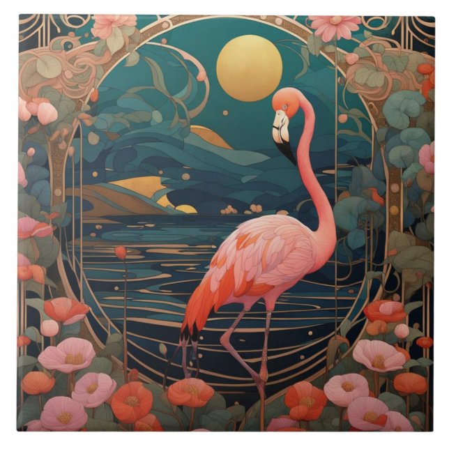 Pink Flamingo Bird Art Nouveau Art Deco Ceramic Tile (Front)