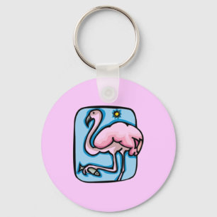 PINK FLAMINGO BIRD CARTOON LIGHT BLUE SKY FUN KEY RING