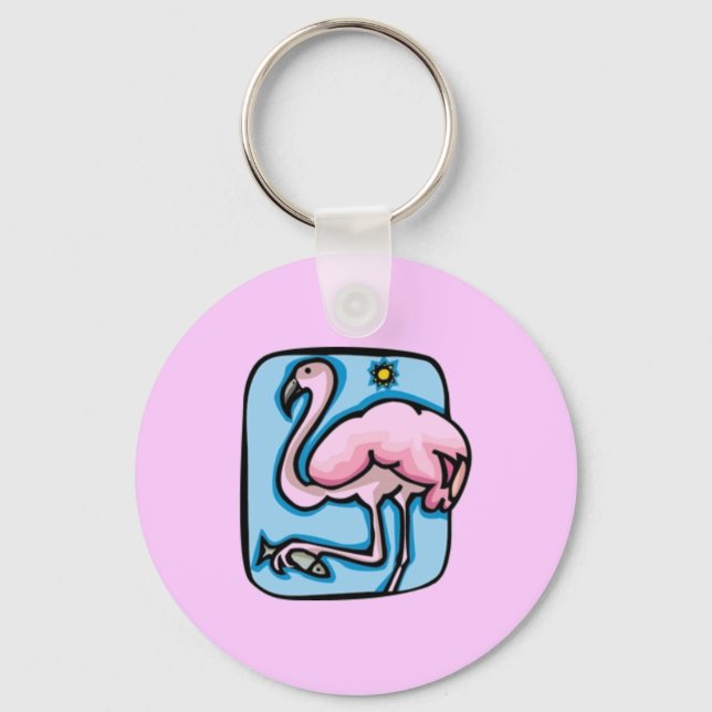 PINK FLAMINGO BIRD CARTOON LIGHT BLUE SKY FUN KEY RING (Front)