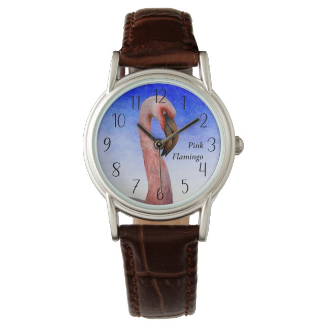Pink Flamingo Bird Watercolor Painting Poster Watch (Front)