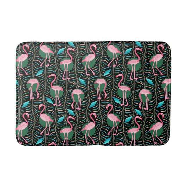 Pink Flamingo Birds 20s Deco Ferns Pattern Black Bath Mat (Front)
