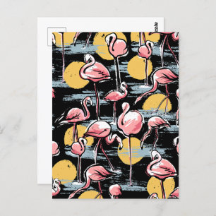 Pink Flamingo birds and sunset Tropical Tango Postcard