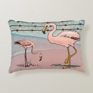 Pink Flamingo Birds on Beach Accent Pillow