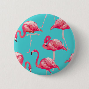 Pink flamingo birds on turquoise background 6 cm round badge
