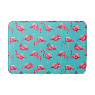 Pink flamingo birds on turquoise background bath mat