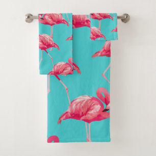 Pink flamingo birds on turquoise background bath towel set