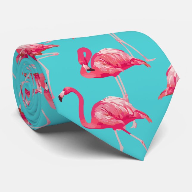 Pink flamingo birds on turquoise background tie (Rolled)