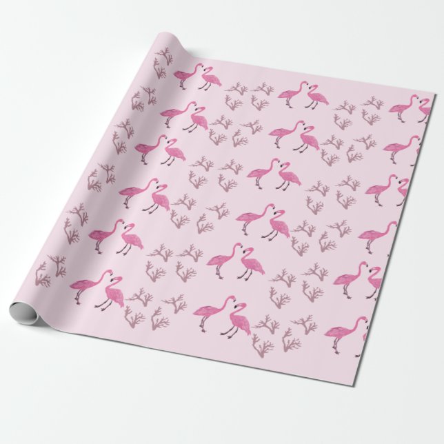 Pink Flamingo Birds Pattern Wrapping Paper (Unrolled)
