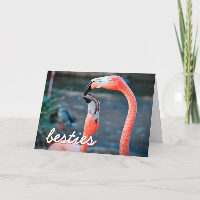 Pink Flamingo Birds Photo Besties Script Stylish Card (Front)