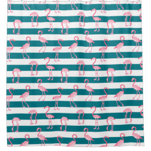 Pink Flamingo Birds Turquoise White Stripe Pattern Shower Curtain