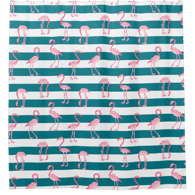 Pink Flamingo Birds Turquoise White Stripe Pattern Shower Curtain (Front)