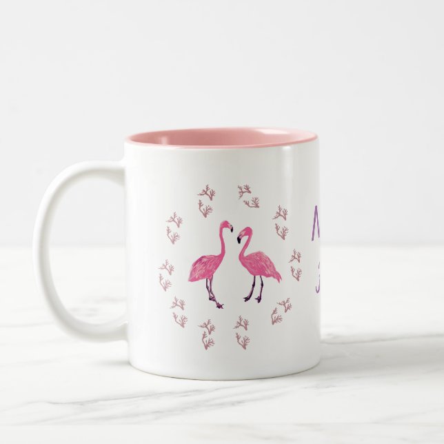 Pink Flamingo Birds Two-Tone Coffee Mug (Left)