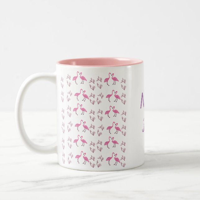 Pink Flamingo Birds Two-Tone Coffee Mug (Left)