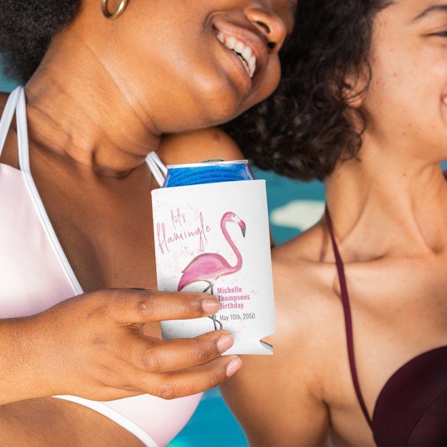 Pink Flamingo Birthday Party Custom Can Cooler (Custom personalized birthday pink flamingo can cooler. )