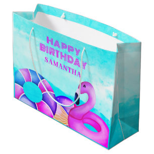 Pink Flamingo Birthday Pool Party Name Large Gift Bag