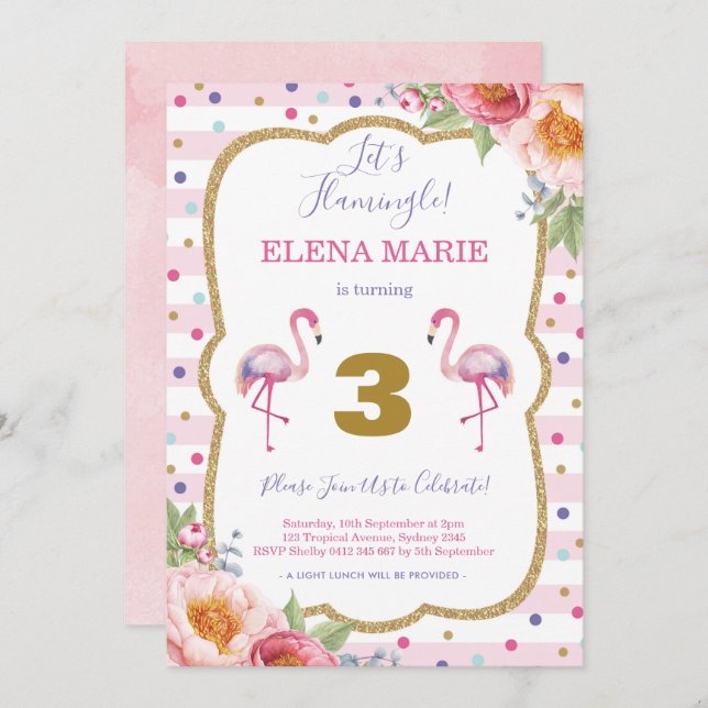 Pink Flamingo Birthday Tropical Party Confetti Invitation (Front/Back)