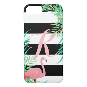 Pink Flamingo & Black Stripes Monogrammed iPhone 8/7 Case
