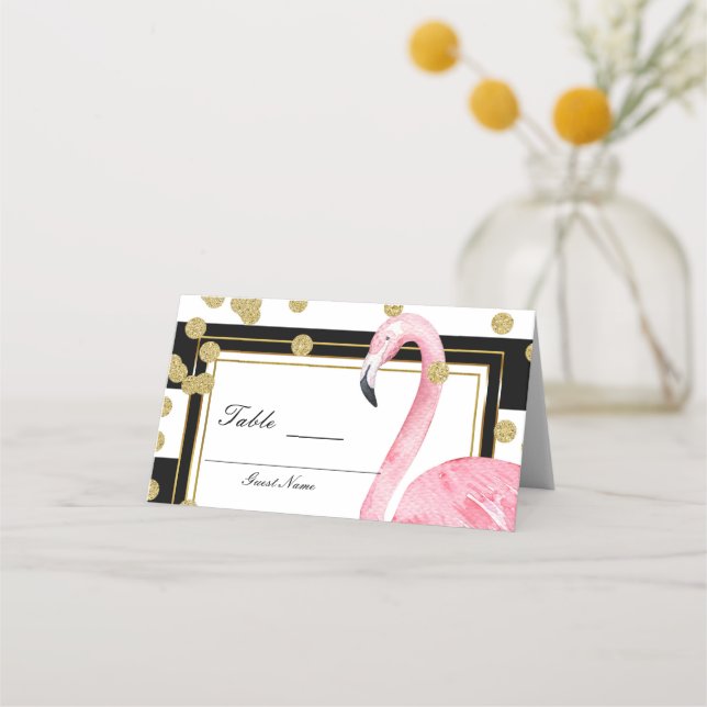 Pink Flamingo Black White Gold Table Number Place Card (Back)