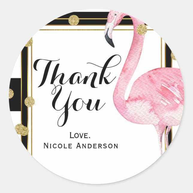 Pink Flamingo Black White Stripes & Gold Confetti Classic Round Sticker (Front)