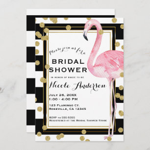 Pink Flamingo Black White Stripes & Gold Confetti Invitation