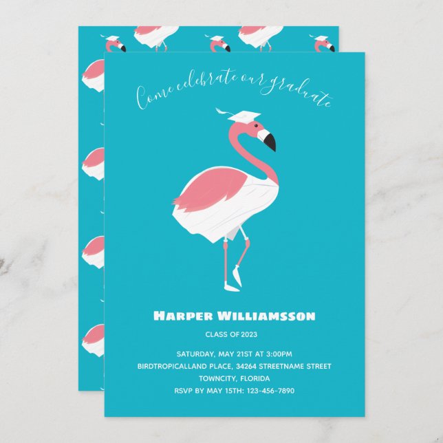 Pink Flamingo Blue Animal Graduation Invitation (Front/Back)