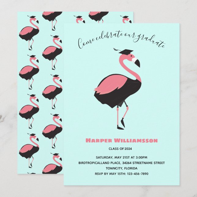 Pink Flamingo Blue Animal Graduation Invitation (Front/Back)