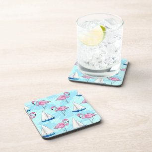 Pink Flamingo Blue Sailboat Preppy Coaster