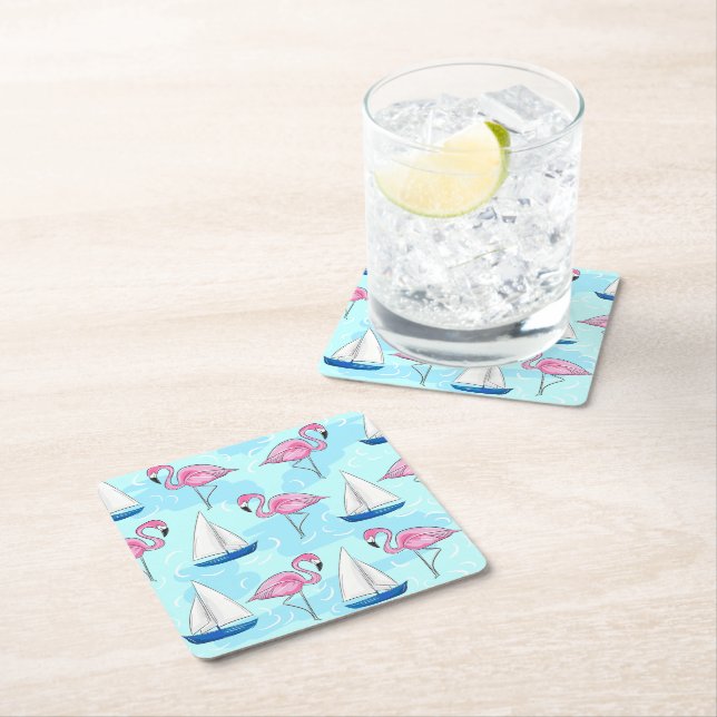 Pink Flamingo Blue Sailboat Preppy Nautical Square Paper Coaster (Insitu)