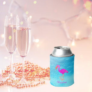 Pink flamingo blue sea monogram can cooler