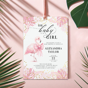 Pink Flamingo Bow Tropical Pink Girl Baby Shower Invitation
