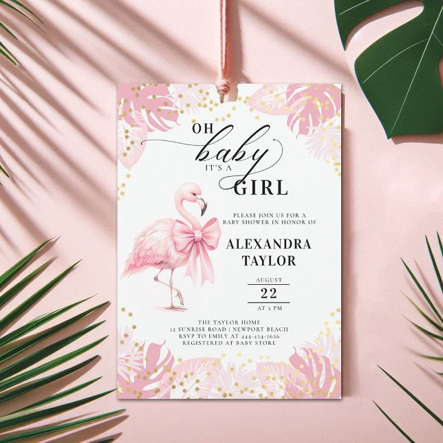 Pink Flamingo Bow Tropical Pink Girl Baby Shower Invitation (pink flamingo girl baby shower invitation bow coquette watercolor tropical botanical foliage cute)