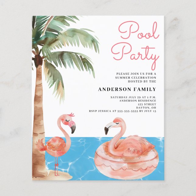 Pink Flamingo Budget Pool Party Invitation Flyer (Front)