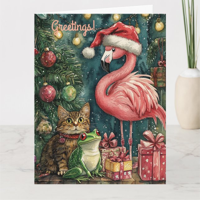 Pink Flamingo Cat & Frog Tropical Christmas  Card (Front)