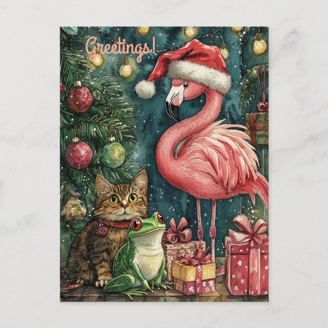 Pink Flamingo Cat & Frog Tropical Christmas  Holiday Postcard (Front)