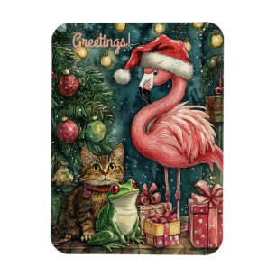 Pink Flamingo Cat & Frog Tropical Christmas Magnet