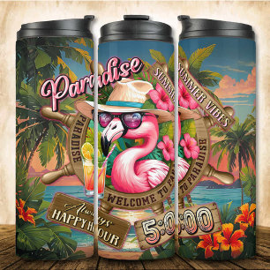 Pink Flamingo Chill Drink Paradise Happy Hour Thermal Tumbler