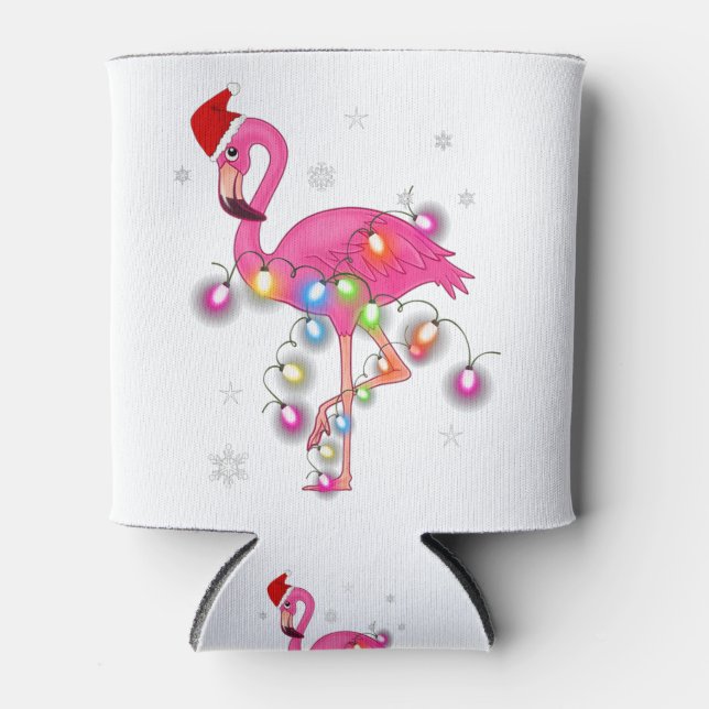 Pink Flamingo Christmas Merry Christmas Flamingo Can Cooler (Front)