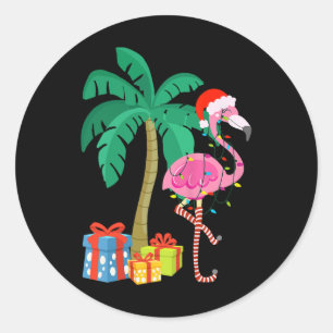Pink Flamingo Christmas Palm Tree Tropical Xmas Fu Classic Round Sticker