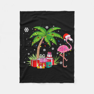 Pink Flamingo Christmas Palm Tree Tropical Xmas Fu Fleece Blanket