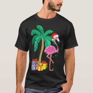Pink Flamingo Christmas Palm Tree Tropical Xmas Fu T-Shirt