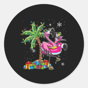 Pink Flamingo Christmas Palm Tree Tropical Xmas Ho Classic Round Sticker